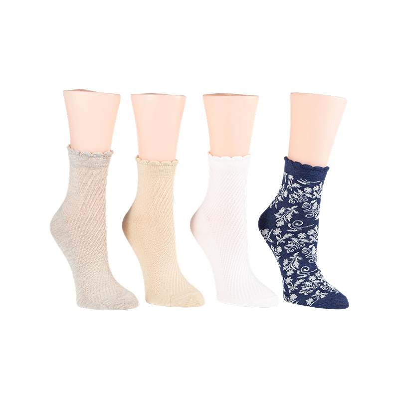 Vintage Floral/Diagonal Rib Scallop Welt Anklet 4 Ppk Chaussettes