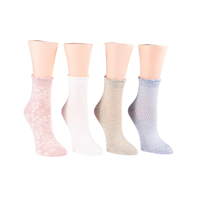 Vintage Floral/Diagonal Rib Scallop Welt Anklet 4 Ppk Chaussettes
