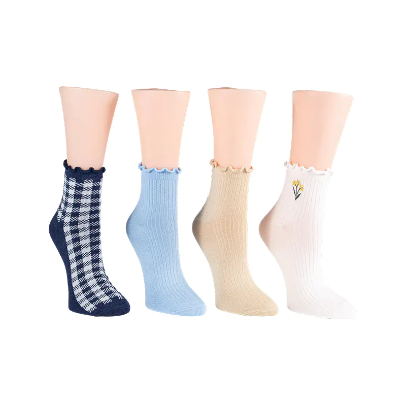 Côtelé avec fleur brodée/vichylettuce Welt cheville 4ppk chaussettes
