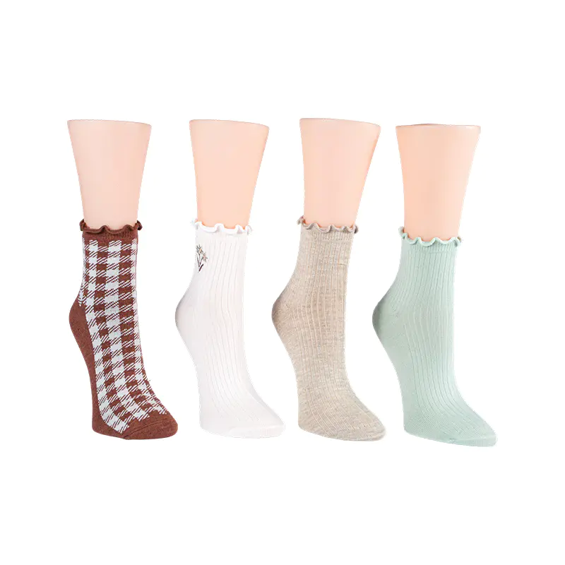 Côtelé avec fleur brodée/vichylettuce Welt cheville 4ppk chaussettes