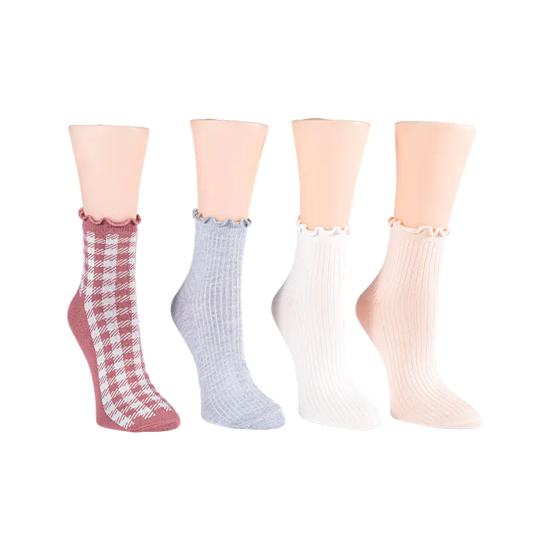 Côtelé avec fleur brodée/vichylettuce Welt cheville 4ppk chaussettes
